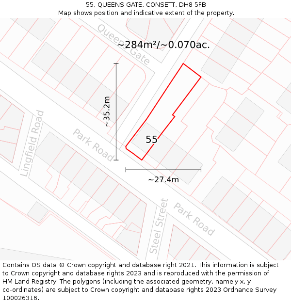 55, QUEENS GATE, CONSETT, DH8 5FB: Plot and title map