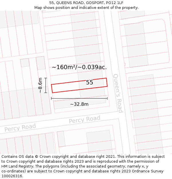 55, QUEENS ROAD, GOSPORT, PO12 1LF: Plot and title map