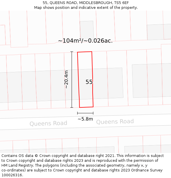 55, QUEENS ROAD, MIDDLESBROUGH, TS5 6EF: Plot and title map