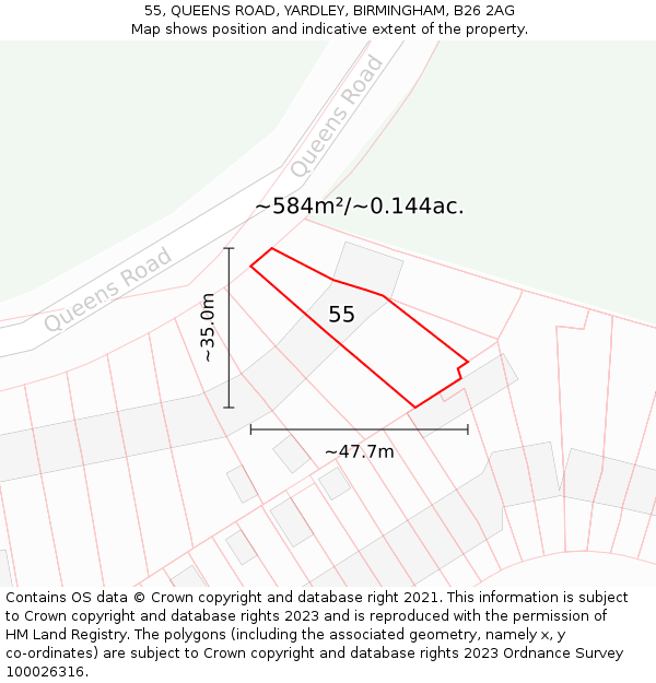 55, QUEENS ROAD, YARDLEY, BIRMINGHAM, B26 2AG: Plot and title map