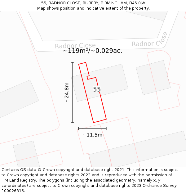 55, RADNOR CLOSE, RUBERY, BIRMINGHAM, B45 0JW: Plot and title map