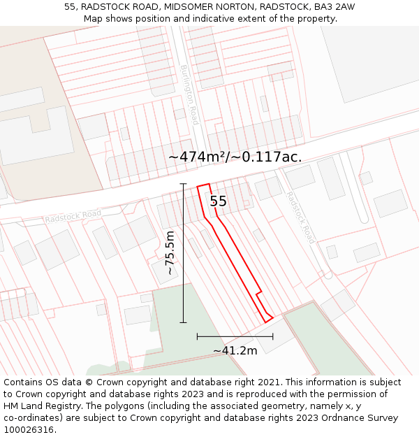 55, RADSTOCK ROAD, MIDSOMER NORTON, RADSTOCK, BA3 2AW: Plot and title map