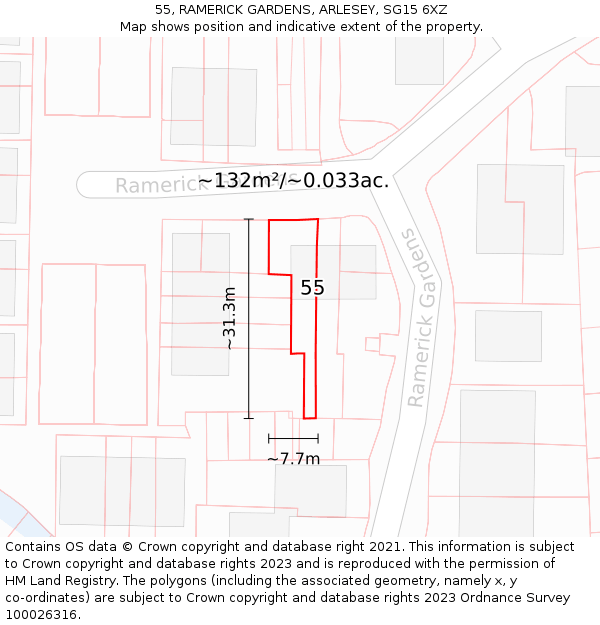 55, RAMERICK GARDENS, ARLESEY, SG15 6XZ: Plot and title map