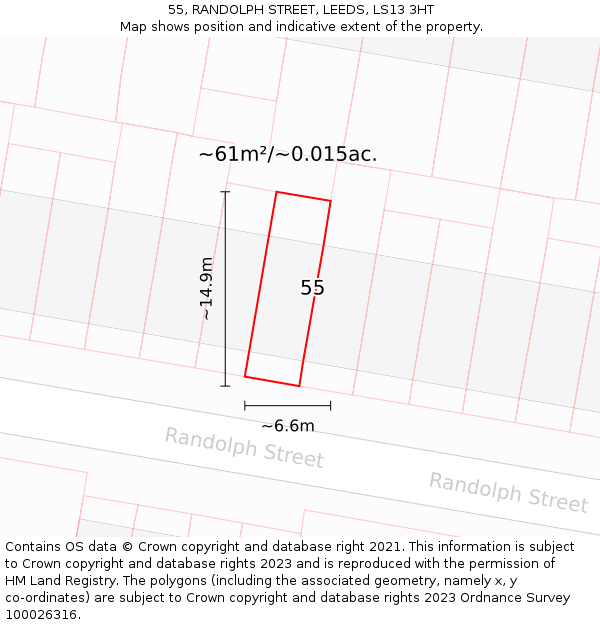 55, RANDOLPH STREET, LEEDS, LS13 3HT: Plot and title map