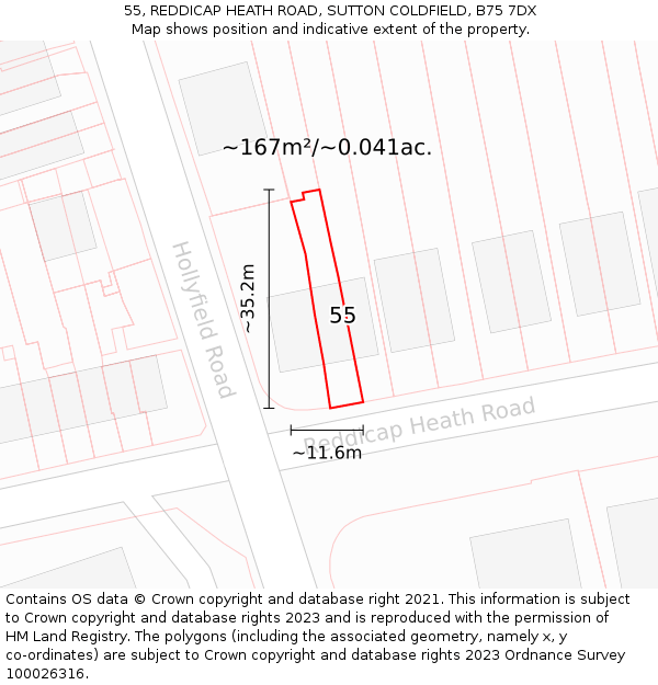 55, REDDICAP HEATH ROAD, SUTTON COLDFIELD, B75 7DX: Plot and title map