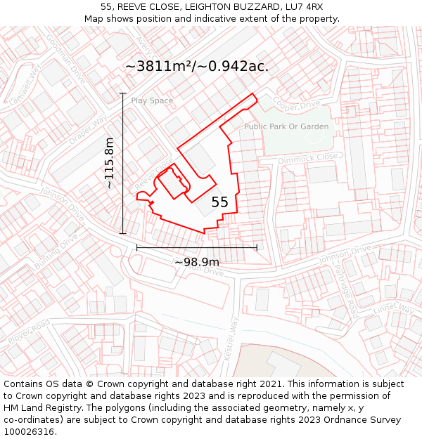 55, REEVE CLOSE, LEIGHTON BUZZARD, LU7 4RX: Plot and title map