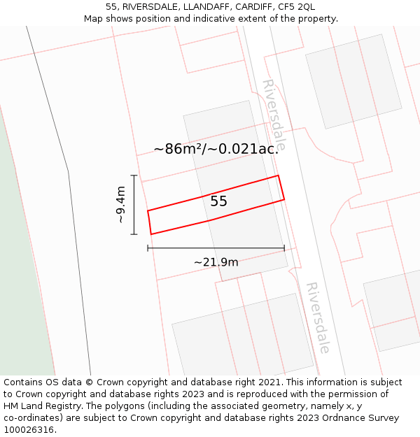 55, RIVERSDALE, LLANDAFF, CARDIFF, CF5 2QL: Plot and title map