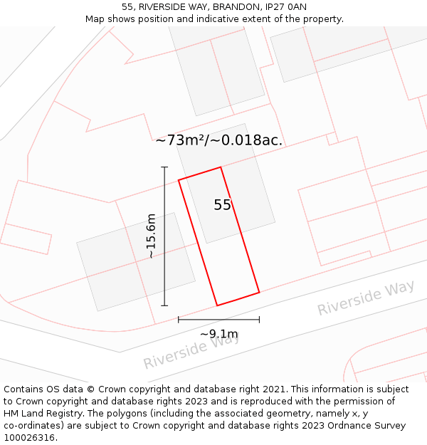 55, RIVERSIDE WAY, BRANDON, IP27 0AN: Plot and title map