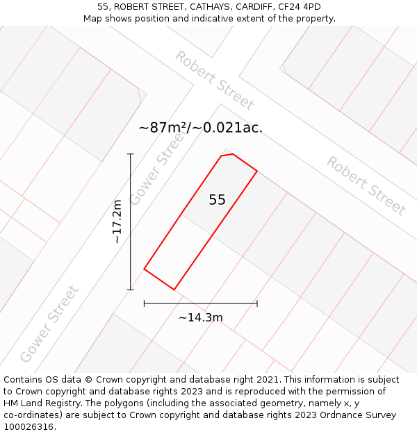 55, ROBERT STREET, CATHAYS, CARDIFF, CF24 4PD: Plot and title map
