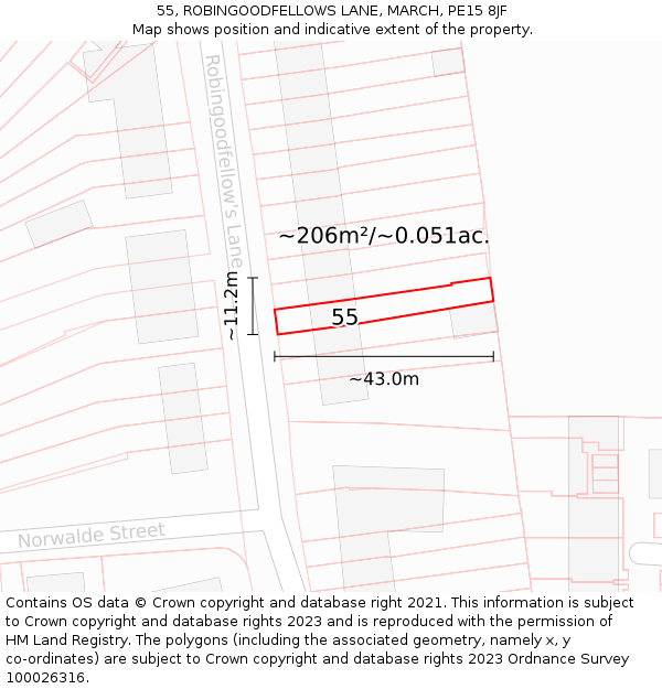 55, ROBINGOODFELLOWS LANE, MARCH, PE15 8JF: Plot and title map
