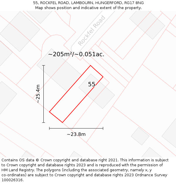 55, ROCKFEL ROAD, LAMBOURN, HUNGERFORD, RG17 8NG: Plot and title map