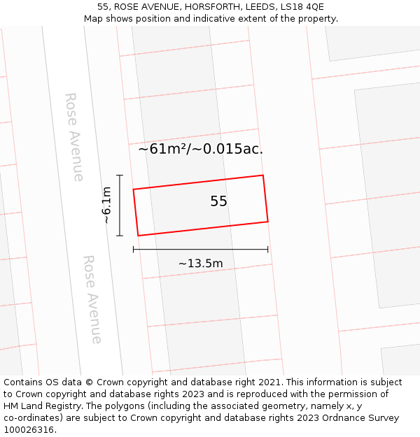 55, ROSE AVENUE, HORSFORTH, LEEDS, LS18 4QE: Plot and title map