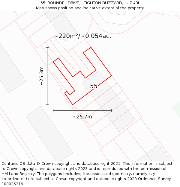 55, ROUNDEL DRIVE, LEIGHTON BUZZARD, LU7 4RL: Plot and title map