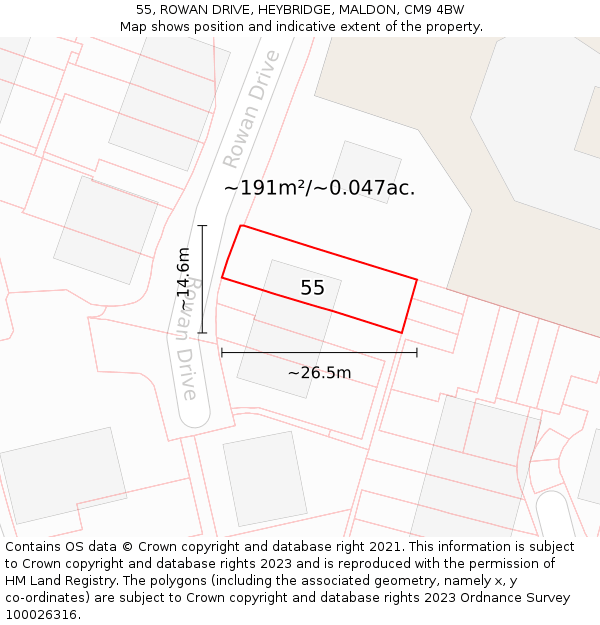 55, ROWAN DRIVE, HEYBRIDGE, MALDON, CM9 4BW: Plot and title map