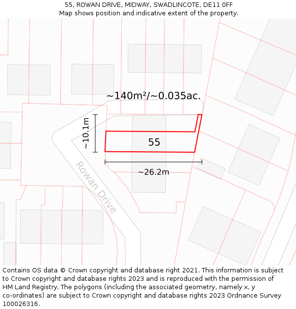 55, ROWAN DRIVE, MIDWAY, SWADLINCOTE, DE11 0FF: Plot and title map