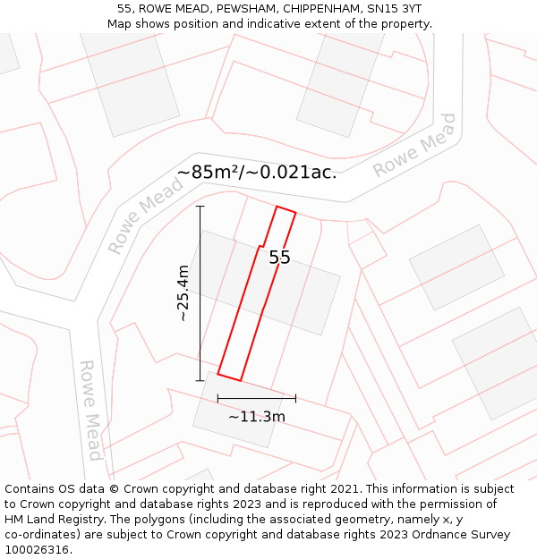 55, ROWE MEAD, PEWSHAM, CHIPPENHAM, SN15 3YT: Plot and title map