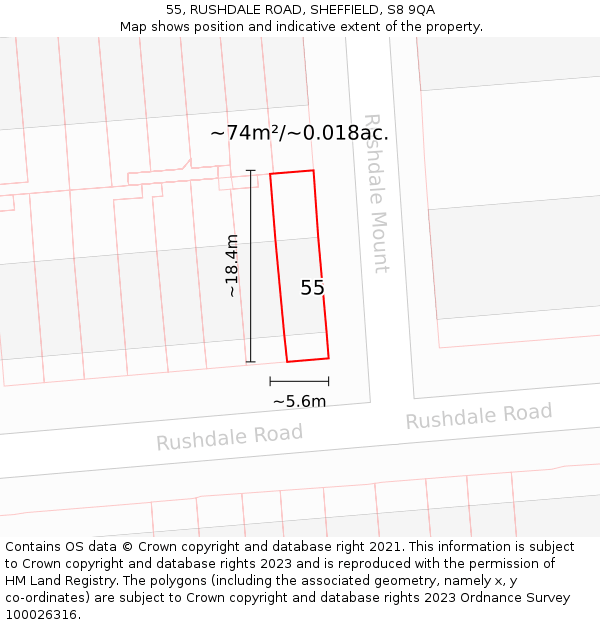 55, RUSHDALE ROAD, SHEFFIELD, S8 9QA: Plot and title map