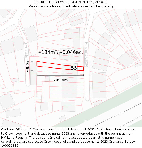 55, RUSHETT CLOSE, THAMES DITTON, KT7 0UT: Plot and title map
