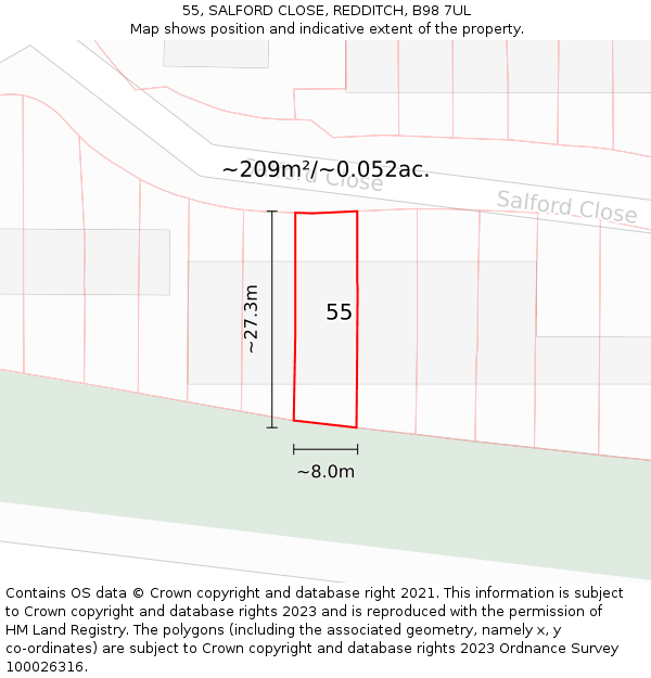 55, SALFORD CLOSE, REDDITCH, B98 7UL: Plot and title map