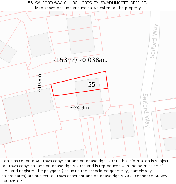 55, SALFORD WAY, CHURCH GRESLEY, SWADLINCOTE, DE11 9TU: Plot and title map