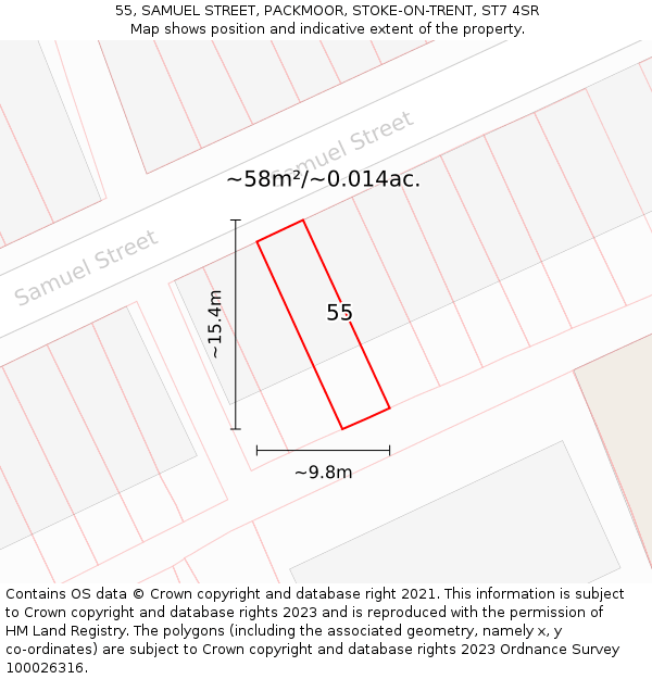 55, SAMUEL STREET, PACKMOOR, STOKE-ON-TRENT, ST7 4SR: Plot and title map