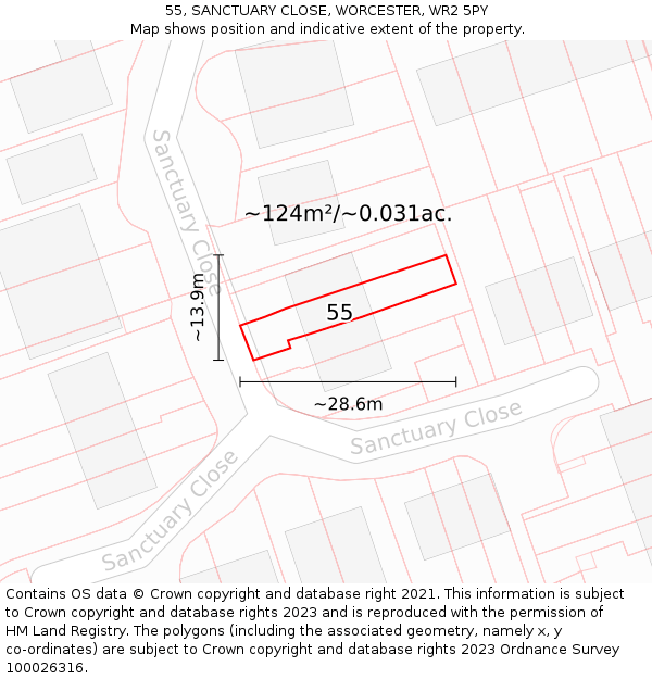 55, SANCTUARY CLOSE, WORCESTER, WR2 5PY: Plot and title map