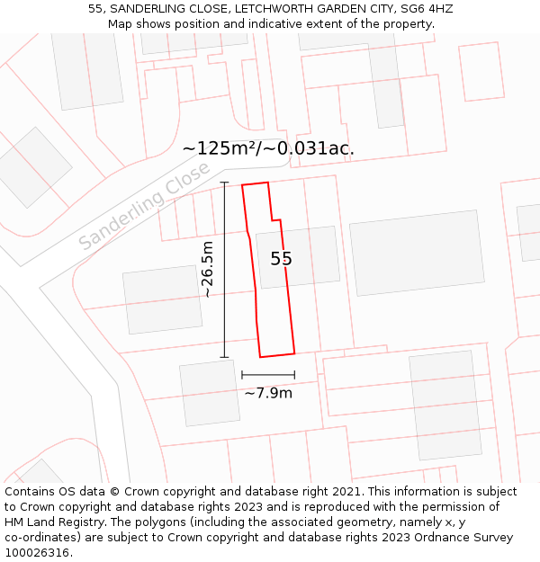 55, SANDERLING CLOSE, LETCHWORTH GARDEN CITY, SG6 4HZ: Plot and title map