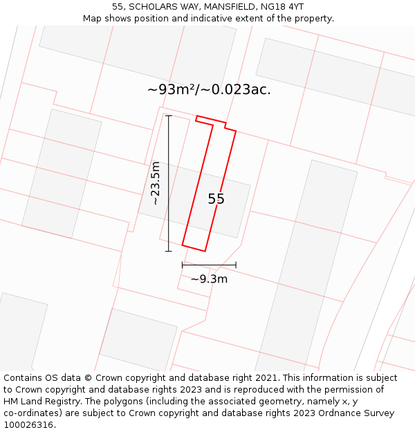 55, SCHOLARS WAY, MANSFIELD, NG18 4YT: Plot and title map