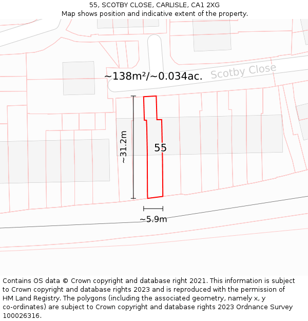 55, SCOTBY CLOSE, CARLISLE, CA1 2XG: Plot and title map