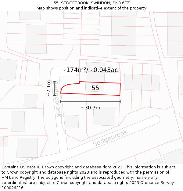 55, SEDGEBROOK, SWINDON, SN3 6EZ: Plot and title map