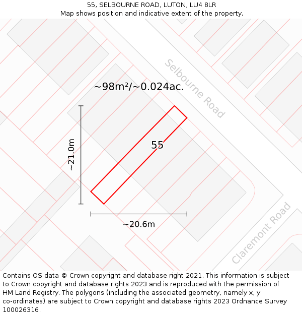 55, SELBOURNE ROAD, LUTON, LU4 8LR: Plot and title map