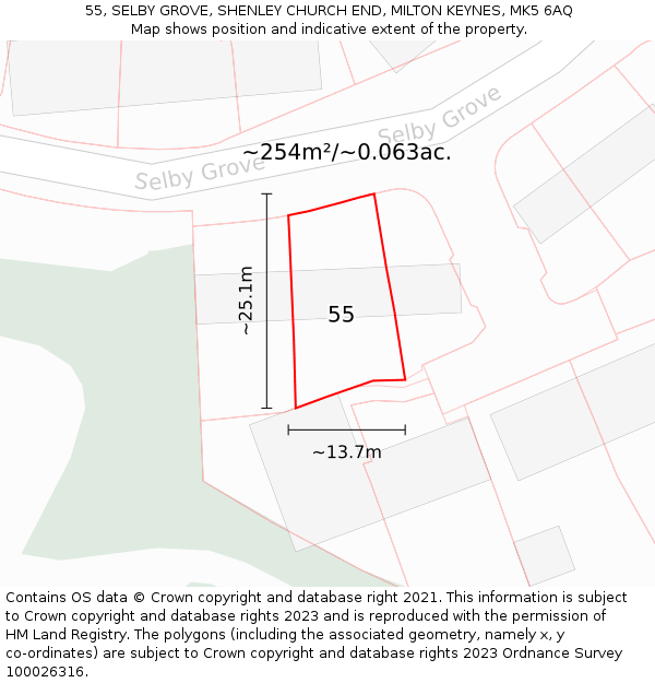 55, SELBY GROVE, SHENLEY CHURCH END, MILTON KEYNES, MK5 6AQ: Plot and title map