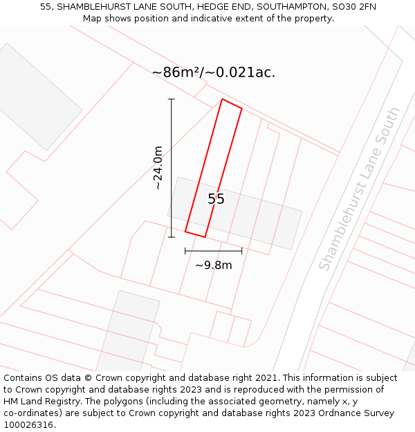 55, SHAMBLEHURST LANE SOUTH, HEDGE END, SOUTHAMPTON, SO30 2FN: Plot and title map