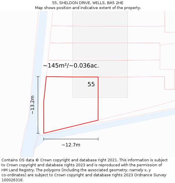 55, SHELDON DRIVE, WELLS, BA5 2HE: Plot and title map