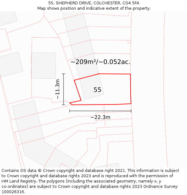 55, SHEPHERD DRIVE, COLCHESTER, CO4 5FA: Plot and title map