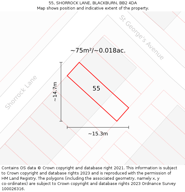 55, SHORROCK LANE, BLACKBURN, BB2 4DA: Plot and title map