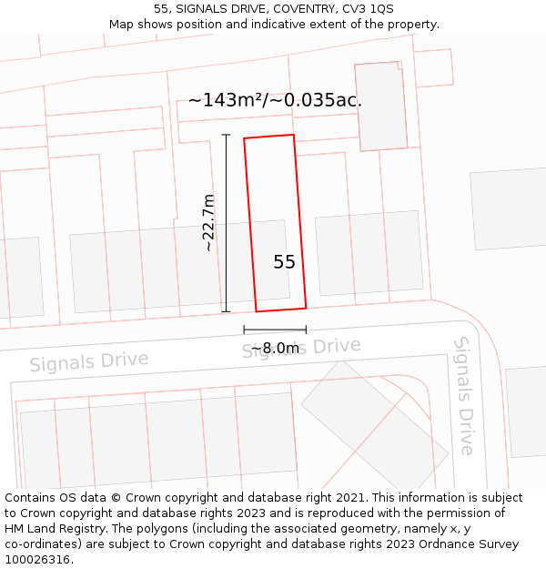 55, SIGNALS DRIVE, COVENTRY, CV3 1QS: Plot and title map