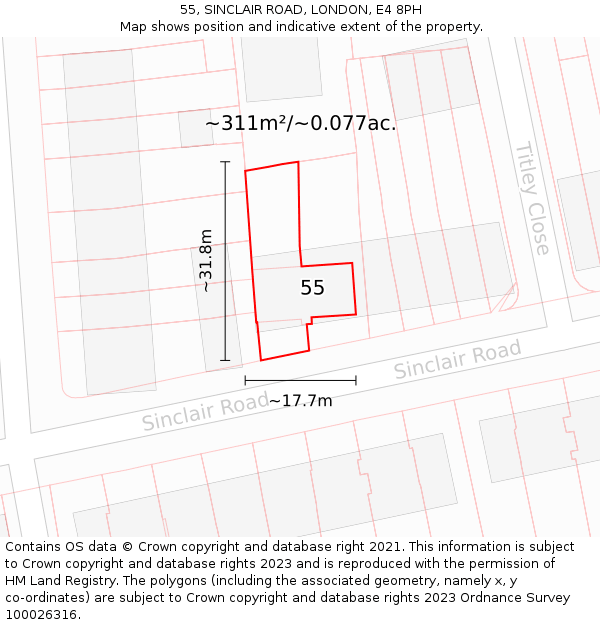 55, SINCLAIR ROAD, LONDON, E4 8PH: Plot and title map