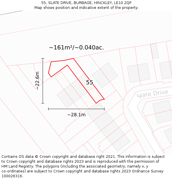 55, SLATE DRIVE, BURBAGE, HINCKLEY, LE10 2QP: Plot and title map