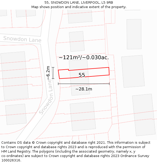55, SNOWDON LANE, LIVERPOOL, L5 9RB: Plot and title map