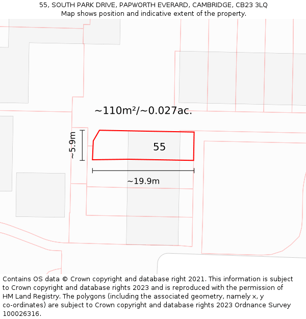 55, SOUTH PARK DRIVE, PAPWORTH EVERARD, CAMBRIDGE, CB23 3LQ: Plot and title map