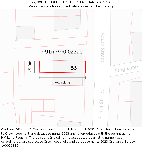 55, SOUTH STREET, TITCHFIELD, FAREHAM, PO14 4DL: Plot and title map