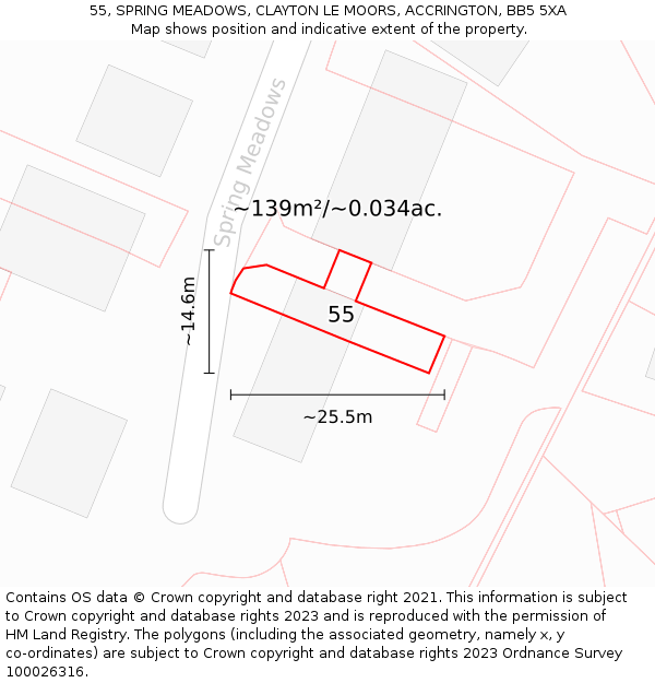 55, SPRING MEADOWS, CLAYTON LE MOORS, ACCRINGTON, BB5 5XA: Plot and title map