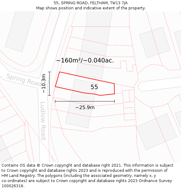 55, SPRING ROAD, FELTHAM, TW13 7JA: Plot and title map