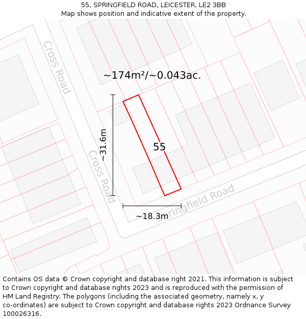 55, SPRINGFIELD ROAD, LEICESTER, LE2 3BB: Plot and title map