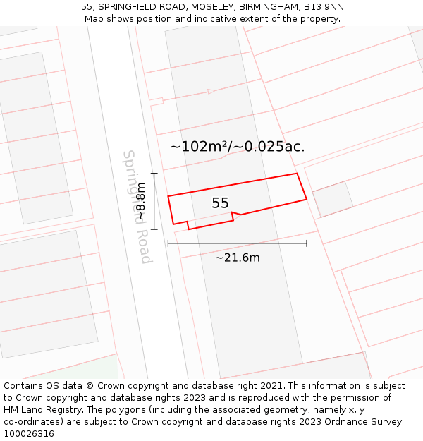55, SPRINGFIELD ROAD, MOSELEY, BIRMINGHAM, B13 9NN: Plot and title map