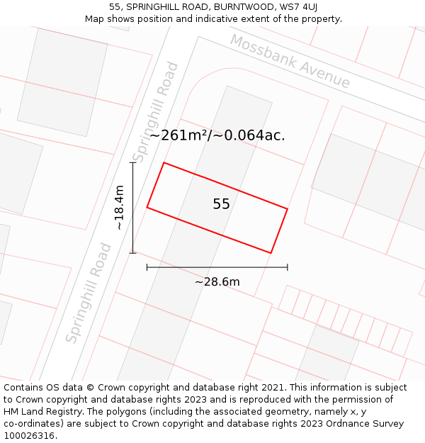 55, SPRINGHILL ROAD, BURNTWOOD, WS7 4UJ: Plot and title map