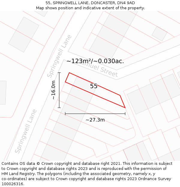 55, SPRINGWELL LANE, DONCASTER, DN4 9AD: Plot and title map