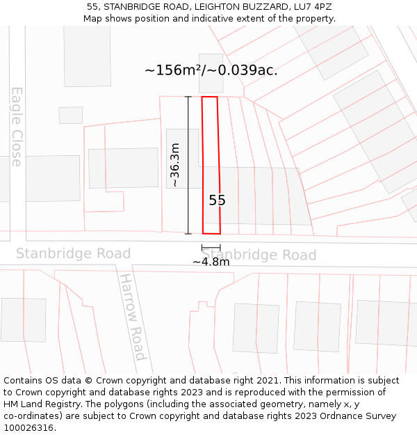 55, STANBRIDGE ROAD, LEIGHTON BUZZARD, LU7 4PZ: Plot and title map