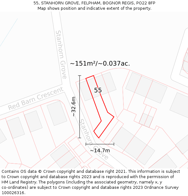 55, STANHORN GROVE, FELPHAM, BOGNOR REGIS, PO22 8FP: Plot and title map